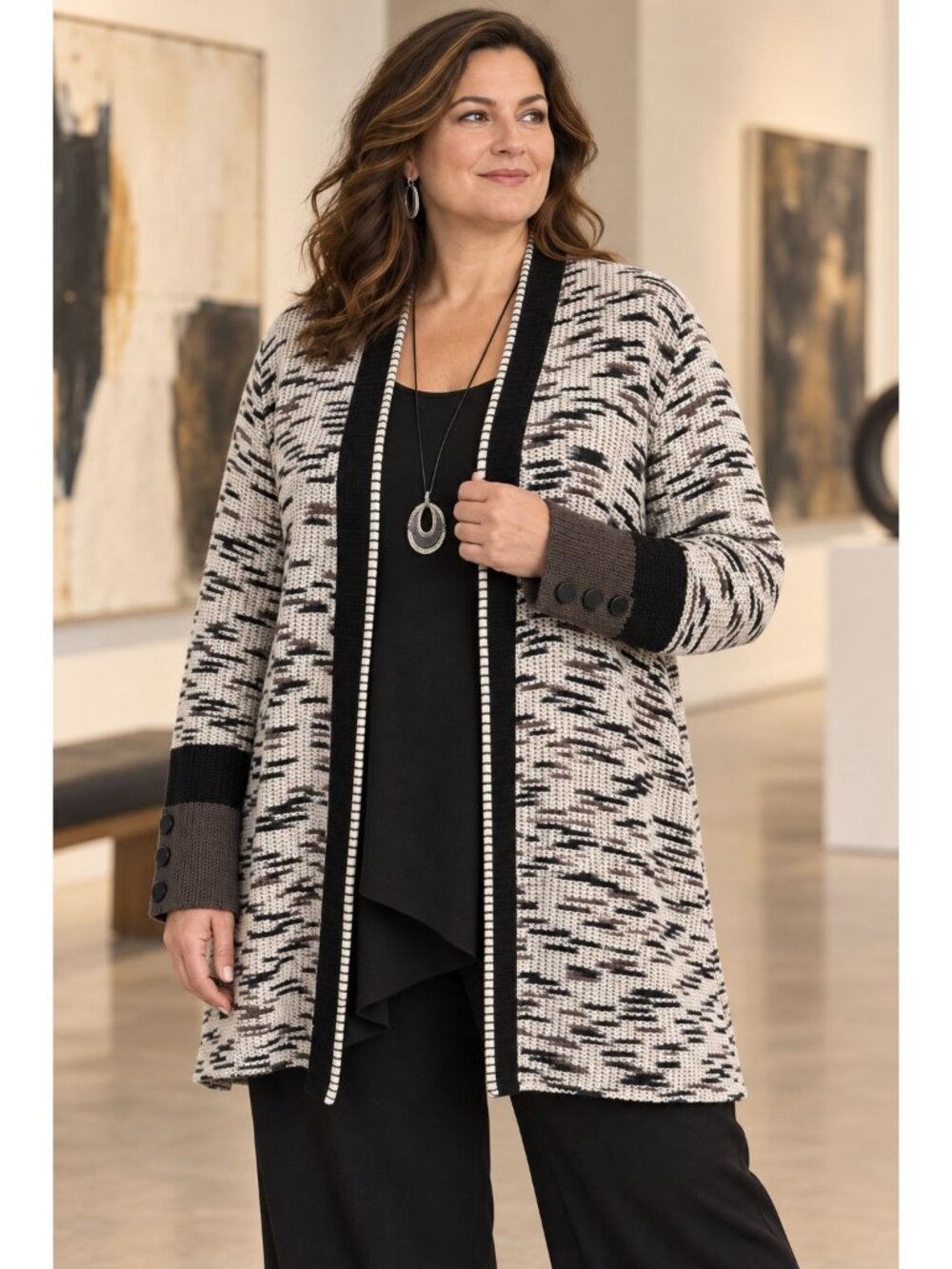 NIC+ZOE Women's 2X Cardigan Black White Abstract Long Open Front Cotton Blend